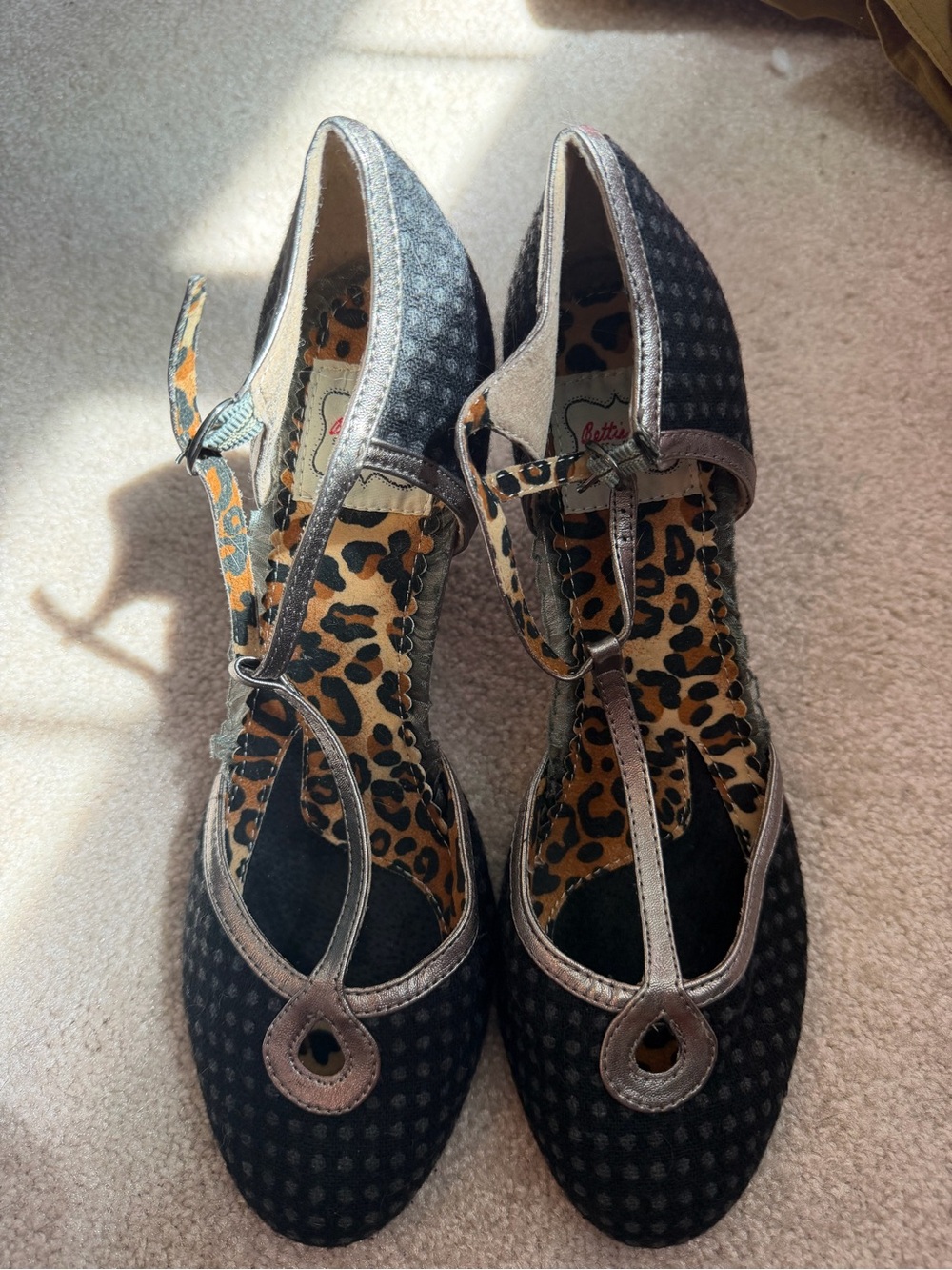 Bettie Page Black T-Strap Mary Jane Heels with Leopard Insole